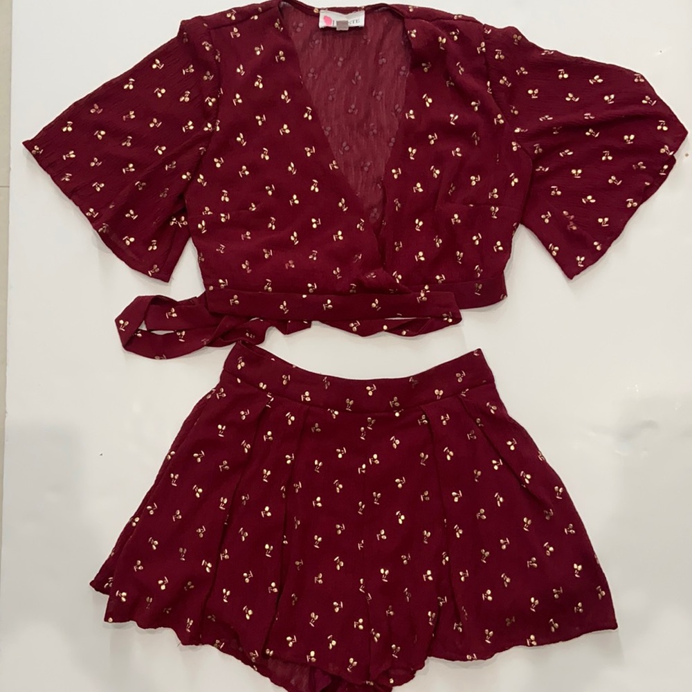 Women's Burgundy Floral Two-Piece Wrap Dress Set